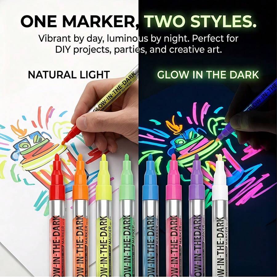 8 colores de marcadores que brillan en la oscuridad, bolígrafo luminoso, absorbe la luz, brilla automáticamente en la oscuridad - reutilizable - Multicolor - Ver 1