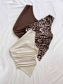 3 piezas Conjunto informal de verano de 2 piezas para mujer con parte superior de hombro asimétrico y bajo asimétrico, adecuado para volver al colegio, té de la tarde, casual, invitada a boda en la playa, brunch de graduación, Día de San Patricio, - Multicolor 3 - Ver 3