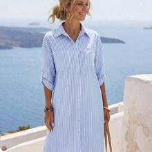 Faunlyn Women's Striped Roll-Tab Sleeve Front Button Shirt Dress For Vacation & Leisure - Mostaza Amarilla - Ver 4
