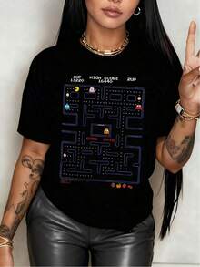Retro Maze With Ghosts And PacMan Chasing Each Other Endlessly In A World Of Yellow And Blue Pixels, Women's T-Shirt 100% Cotton, Ideal For Nostalgics. - Black - View 6
