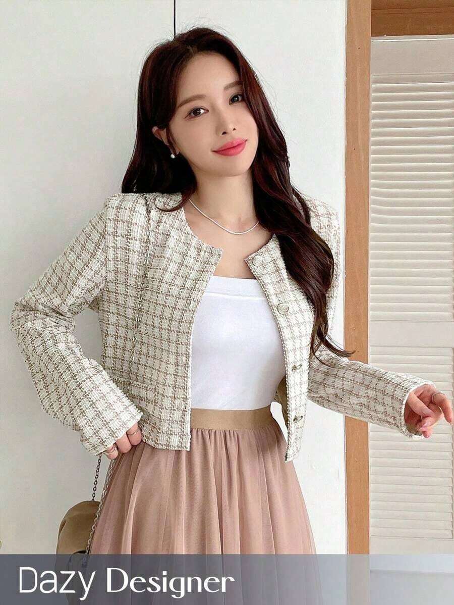 Designer Chaqueta de alta gama de manga larga y cuello redondo a cuadros de longitud corta para mujer, ropa de mujer de otoño - Albaricoque - Ver 1