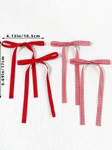 4件/組 女款音樂節/婚禮裝飾髮飾，極簡純色少女可愛蝴蝶結髮夾、髮爪、髮夾 - 紅色四件套裝 - 查看 5