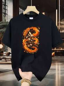 Men's Pure Cotton T-Shirt "Fire Dragon Warrior" With Flame And Dragon Warrior Print, High Quality Pure Cotton Material, Durable, Casual And Stylish. - 黑色 - 查看 2