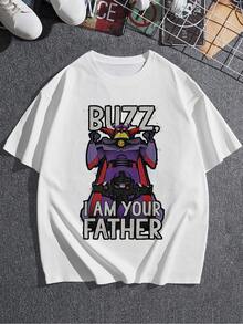 El estampado muestra a un poderoso robot galáctico que levanta los brazos proclamando Buzz I am your father" simbolizando humor y la conexión entre tecnología y imaginación perfecta para fans de la ciencia ficción camiseta de mujer  suave y cómoda para uso diario - Blanco - Ver 3