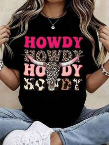Camiseta de Mujer Estilo Western con Estampado de Leopardo y Calavera de Vaquero - Negra con letras rosas y diseño de animales, suave, transpirable, ligera, unisex, informal, para festivales de música country, atuendo para fiestas temáticas de vaqueros, lavable a máquina, de longitud corta, estilo boho chic, Día de la Madre, oferta relámpago, camiseta de mujer. - Negro - Ver 2