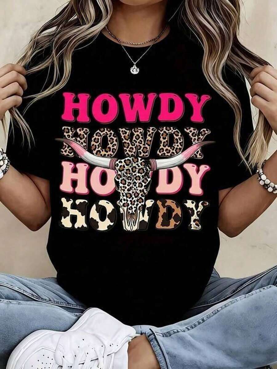 Camiseta de Mujer Estilo Western con Estampado de Leopardo y Calavera de Vaquero - Negra con letras rosas y diseño de animales, suave, transpirable, ligera, unisex, informal, para festivales de música country, atuendo para fiestas temáticas de vaqueros, lavable a máquina, de longitud corta, estilo boho chic, Día de la Madre, oferta relámpago, camiseta de mujer.