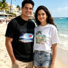 2-Piece Couple Matching Pattern T-Shirt, 100% Cotton, Loose Fit, Soft And Breathable, Casual Round Neck Short Sleeved Top Not Today Devil It's No Signal Lost Versatile Patterns No Picky Combinations Coordinated Dating Casual Travel Simple And Cartoonish Printing Styles High Cost-Effectiveness - 黑色 - 查看 1