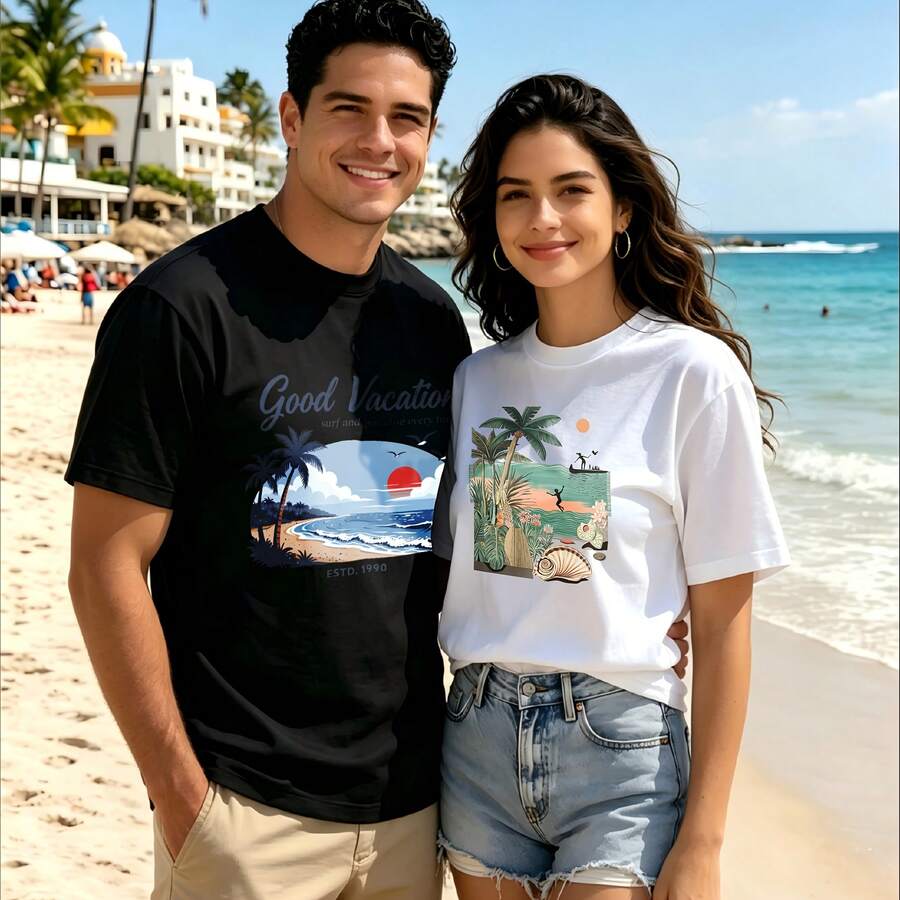 2-Piece Couple Matching Pattern T-Shirt, 100% Cotton, Loose Fit, Soft And Breathable, Casual Round Neck Short Sleeved Top Not Today Devil It's No Signal Lost Versatile Patterns No Picky Combinations Coordinated Dating Casual Travel Simple And Cartoonish Printing Styles High Cost-Effectiveness - 黑色 - 查看 1