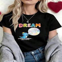 Kawaii Dream Dragon Graphic T-Shirt, 100% Cotton Oversized Soft Breathable Casual Crewneck Short Sleeve Top, Summer Vibes Aesthetic Streetwear Tee for Women & Dreamers - Negro - Ver 6