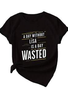 Women's Casual Summer T-Shirt, Plain WASTED, Plus Size Short Sleeve Sports T-Shirt, Stylish And Fashionable T-Shirt - 黑色 - 查看 2