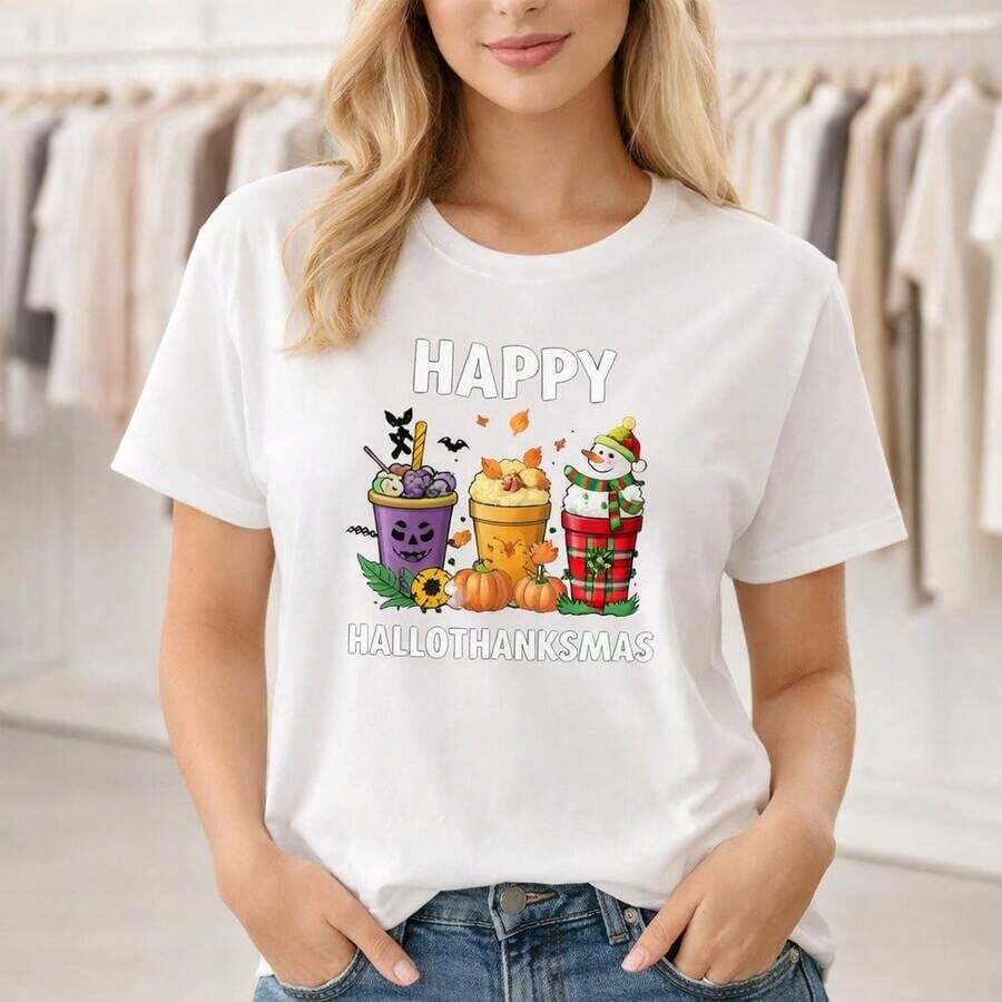 Camiseta de algodón con estampado Happy Hallothanksmas para mujer, talla grande, cuello redondo, manga corta, corte holgado, camiseta gráfica navideña para tallas M-5XL. Adecuada para primavera, verano y otoño. - Blanco - Ver 1
