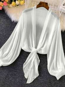 de punto con mangas farol y lazada delantera para mujer, prenda ligera de verano - Blanco - Ver 1