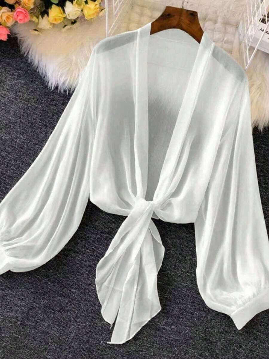de punto con mangas farol y lazada delantera para mujer, prenda ligera de verano - Blanco - Ver 1