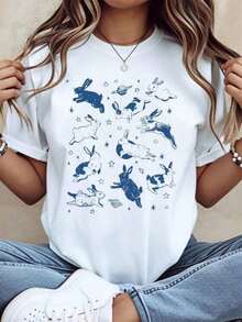 Camiseta Blanca con Estampado de Conejo Azul y Estrella para Mujer, Top Casual de Manga Corta, Camiseta Gráfica de Moda Primavera Verano - Blanco - Ver 6