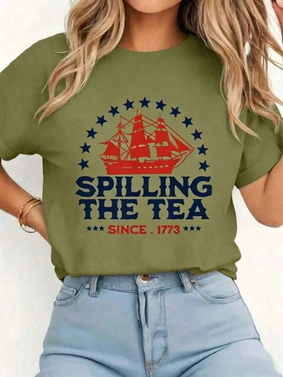 2026 New Arrival,1PC, Spilling The Tea Since 1773 Fourth Of July T-Shirt Print T-Shirt Casual Crew Neck Short Sleeve Comfort Tee Top For Spring & Summ - 軍綠色 - 查看 1