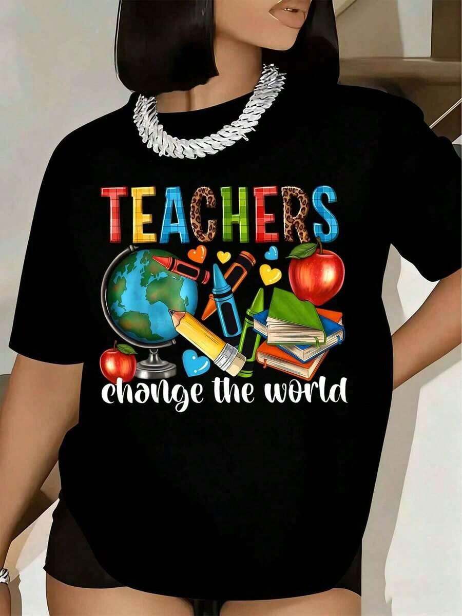 Women's Vintage T-Shirt With "Teachers Change The World" Print, Short Sleeve, Round Neck, Teacher's Day Gift, School Education, Graphic Tee - 黑色 - 查看 1
