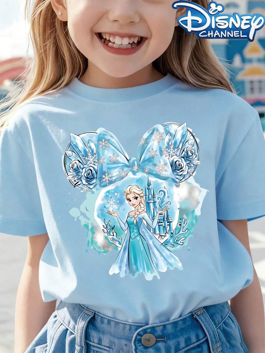 [Authorized] Frozen Princess Elsa Print Disney Girls' Summer Round Neck Casual T-Shirt For Children, Slightly Stretchy Fabric, Suitable For Birthday Gifts, Suitable For Daily Sports And Travel, Summer Girls' T-Shirts - Màu xanh nhạt - Xem 1