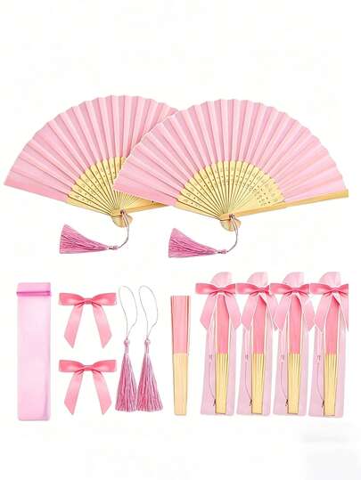 Bộ 4 món siêu giá trị! Quạt tre hồng + Tua rua + Nơ + Túi đựng. Phù hợp cho đám cưới / tiệc / sử dụng hàng ngày.