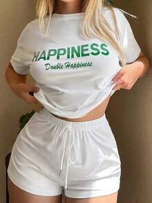 Conjunto de ropa de descanso de 2 piezas para mujer, estilo Y2K, con estampado de letras "HAPPINESS Double Happiness", top corto de manga corta casual + shorts con cordón, conjunto a juego de ropa urbana, para uso diario de verano, citas informales, gimnasio, vacaciones, fiestas, moda de vacaciones para adolescentes, conjunto de ropa de descanso holgado e informal para mujeres jóvenes, Camiseta de algodón. - Blanco - Ver 7