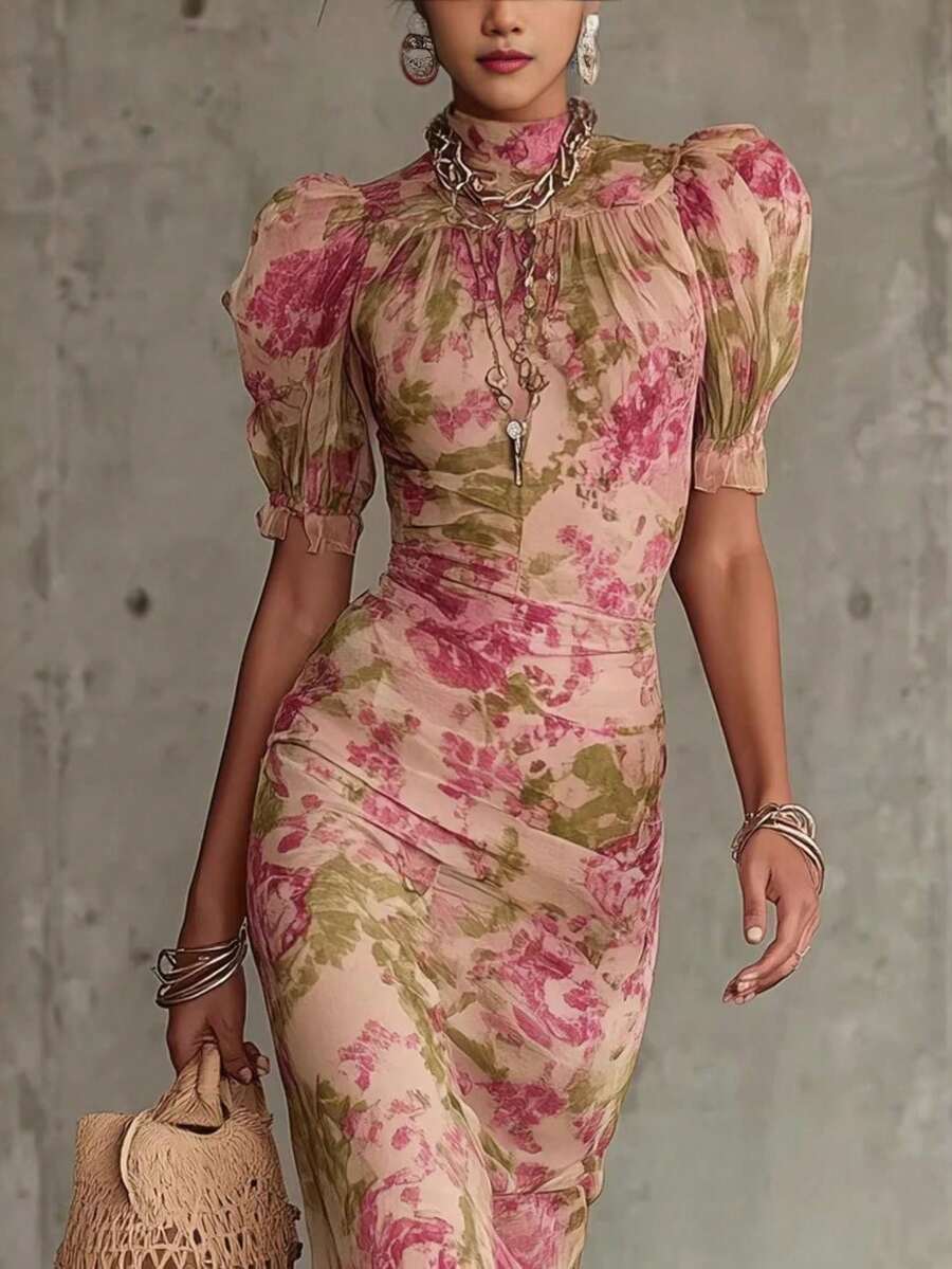 2026 New Long Cropped Dress With French Bubble Sleeve Print Fashion Pleated Dress - 粉色 - 查看 1