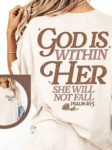 Camiseta Cristiana de Manga Corta para Mujer, Estilo Retro, para Vacaciones de Verano, con la Frase "Dios Está Dentro de Ella"| Camisetas para Mujer, Cuello Redondo Casual, Ropa de Verano para Mujer, Atuendo de Primavera, Camiseta con Estética de Fe - Albaricoque - Ver 1