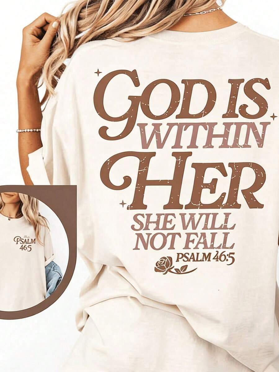 Camiseta Cristiana de Manga Corta para Mujer, Estilo Retro, para Vacaciones de Verano, con la Frase "Dios Está Dentro de Ella"| Camisetas para Mujer, Cuello Redondo Casual, Ropa de Verano para Mujer, Atuendo de Primavera, Camiseta con Estética de Fe - Albaricoque - Ver 1