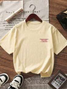 1 pieza Camiseta de mujer de manga corta y cuello redondo para verano, blanca con estampado de letras en inglés, corte holgado y casual, cómoda para usar en verano, adecuada para la playa, la calle, actividades diarias, el trabajo, la oficina, fiestas y otras ocasiones - Blanco - Ver 3