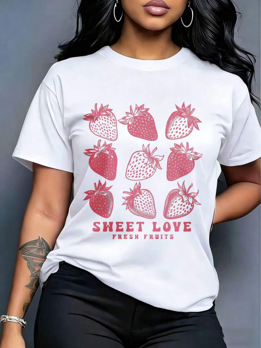 Camiseta de cuello redondo para mujer, estampado de fresas rosas, con texto "SWEET LOVE FRESH FRUITS", estilo dulce y fresco, top diario casual - Blanco - Ver 1