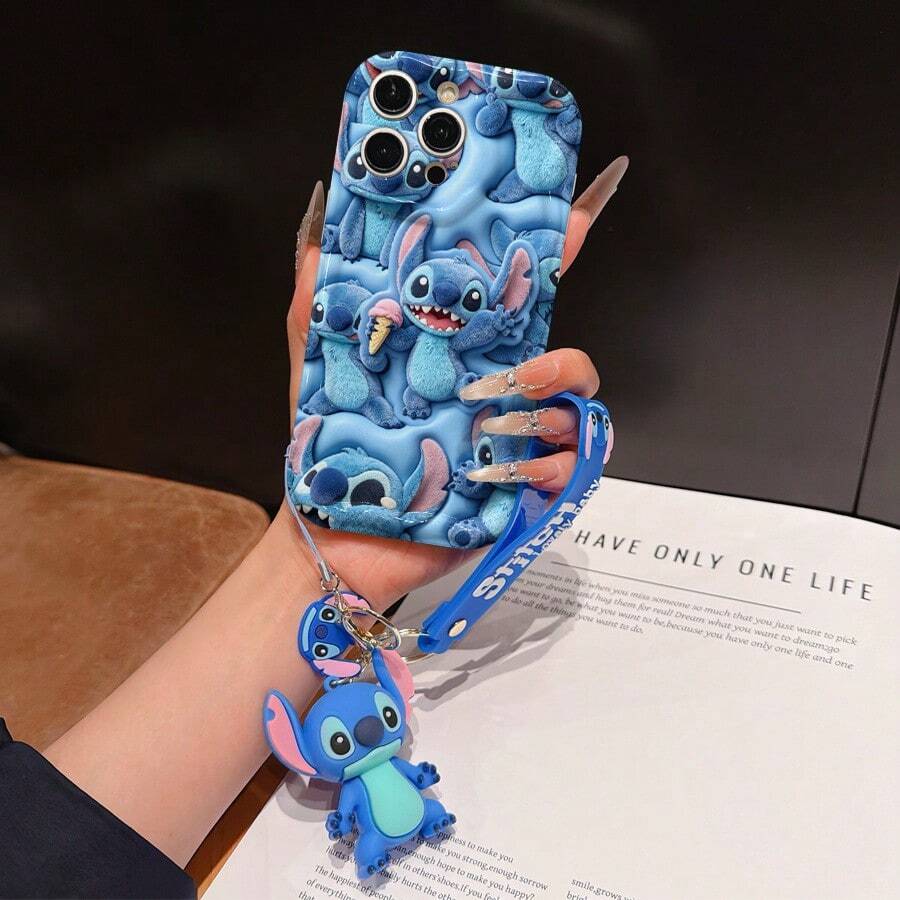 Disney Lilo And Stitch Phone Case : 3D Fluffy Pattern Border Protector Phone Soft Phone Case With A Free Cute Stitch Bracelet Chain Lanyard, Stitch, Lilo, Angel, For Apple 17 Promax 17 Pro 16 15 14 13 12 11 Pro Max XS Max X XR Soft Cover Summer Phone Case - White - View 1