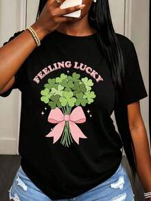 SimpieAndVersatileDesignCamiseta Casual para Mujer con Diseño de Ramo de Tréboles de la Suerte y Lazo Rosa, Atuendo para Fiesta del Día de San PatricioCottonT-Shirt - Negro - Ver 1