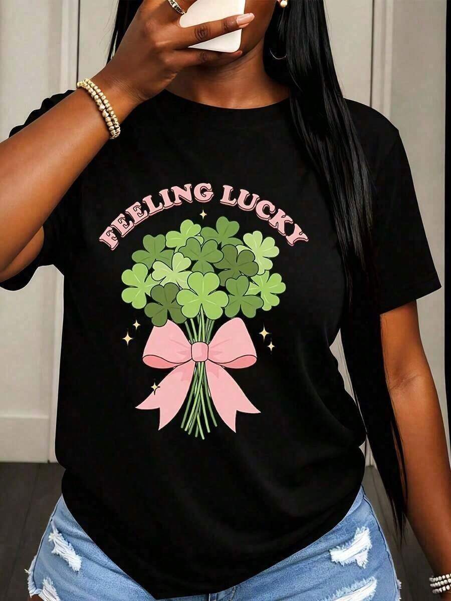 SimpieAndVersatileDesignCamiseta Casual para Mujer con Diseño de Ramo de Tréboles de la Suerte y Lazo Rosa, Atuendo para Fiesta del Día de San PatricioCottonT-Shirt - Negro - Ver 1