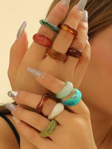 MESTILO 10pcs Colorful Resin Jade-Like Irregular Ring Set, Suitable For Women's Daily Wear, Vacation, Eid, Mother's Day Gift - Multicolor - View 5
