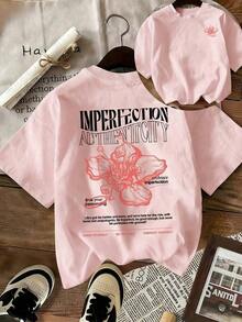 Camiseta de mujer estilo retro americano con estampado de flor de hibisco y eslogan "Imperfecto", corte holgado que realza la silueta, estilo artístico y relajado, manga corta, adecuada para la escuela, paseos por la ciudad, salidas de primavera y uso casual de verano. - Rosa - Ver 1