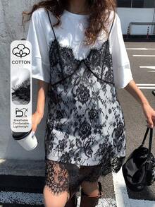 Vestido de mujer con parches de encaje sin mangas 2 en 1 con mangas cortas, vestidos de verano para mujeres - Blanco y Negro 2 - Ver 1
