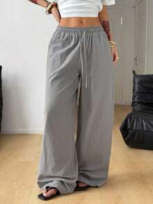 Pantalones anchos de pierna ancha con estampado de rayas, cintura con cordón, cómodos, para mujer, estilo casual de playa y vacaciones, estilo bohemio - Gris - Ver 2