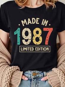Women's Limited Edition 1987 Vintage Graphic T-Shirt - Casual Short Sleeve Crew Neck Tee With Colorful Letter Print, Black, Spring/Summer Casual Wear, Ladies' T-Shirts - 黑色 - 查看 1
