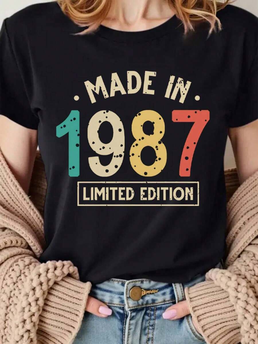 Women's Limited Edition 1987 Vintage Graphic T-Shirt - Casual Short Sleeve Crew Neck Tee With Colorful Letter Print, Black, Spring/Summer Casual Wear, Ladies' T-Shirts - 黑色 - 查看 1