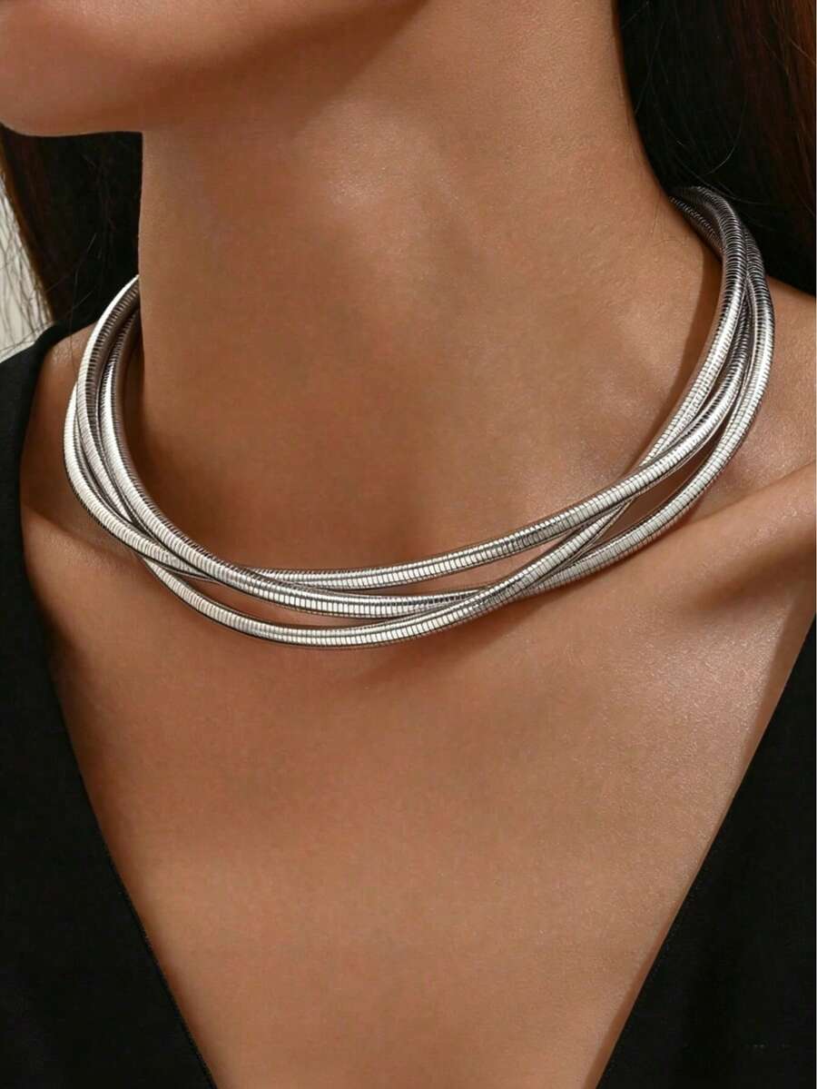 1 chiếc vòng cổ choker nhiều lớp bằng kim loại xoắn phong cách Punk thời trang (Những khiếm khuyết nhỏ như trầy xước là bình thường và không thể tránh khỏi) - vua trắng - Xem 1