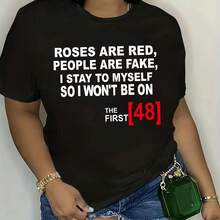 Women's Roses Are Red Print T-Shirt - Short Sleeve Crew Neck Casual Blouse With Slogan, Comfortable Casual Attire For Curvy Women, Spring Summer Fall Outfits, Machine Washable T-Shirt Top - 黑色 - 查看 1