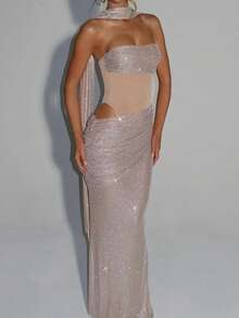 Vestido Sin Mangas con Lentejuelas y Cintas, Estilo Bandeau, Fiesta Elegante Nueva Llegada - Albaricoque - Ver 3
