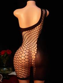 1pc Women Sexy Lingerie One Shoulder Black Fishnet Mini Dress Rhinestone Mesh Bodycon Sheer Club Party Outfit - Black - View 3