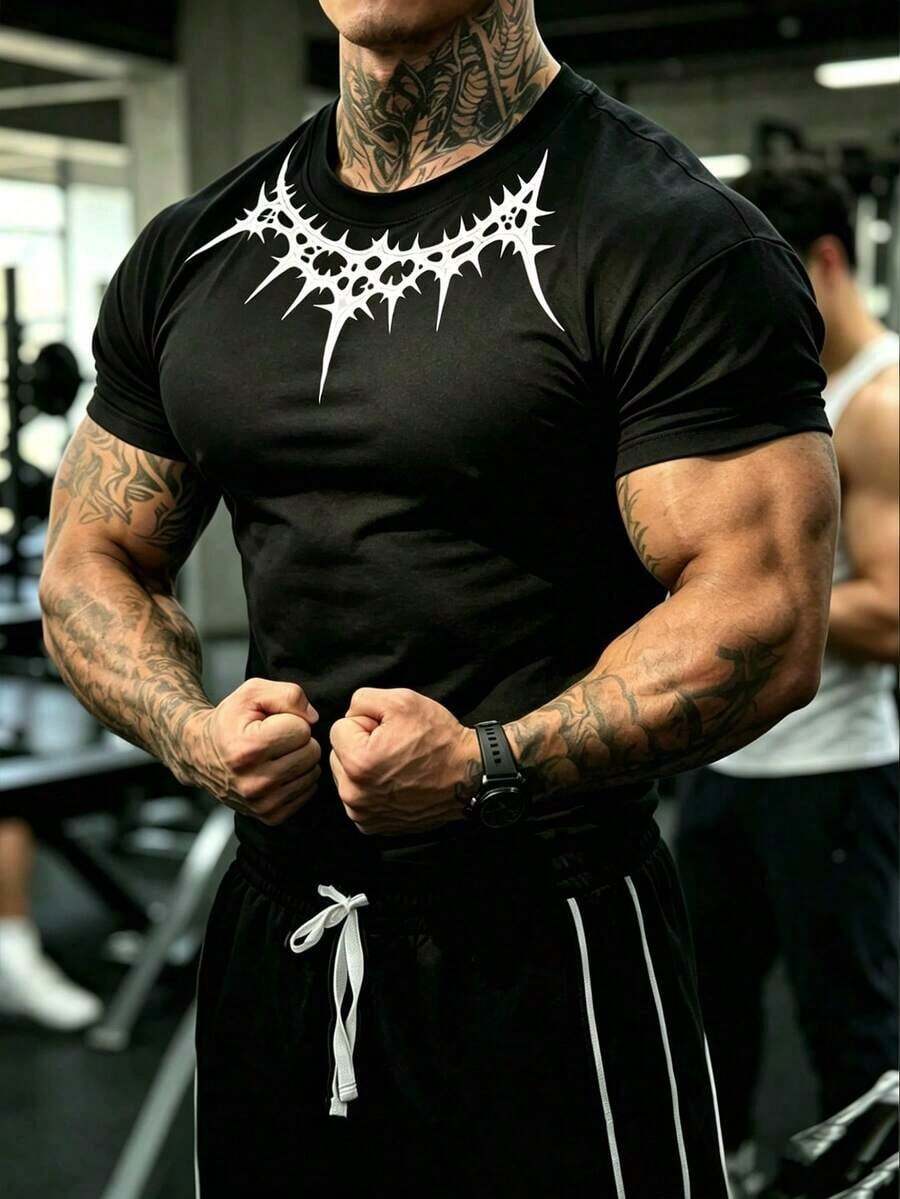Sport MetroGents Men's Short Sleeve Crew Neck Sports T-Shirt With Botanical Print, For Summer Training, Running, Black T-Shirt, Spider Print, Lightweight - 粉色 - 查看 1
