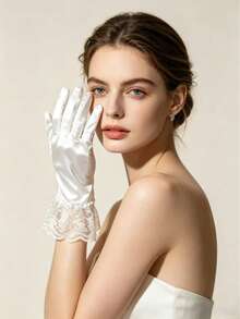 1 Paar weiße Braut-Kurze-Satin-Spitzenbesatz-Einfarbige Handschuhe, geeignet für Hochzeiten, Partys, Autofahren, Alltag - Weiss - View 5