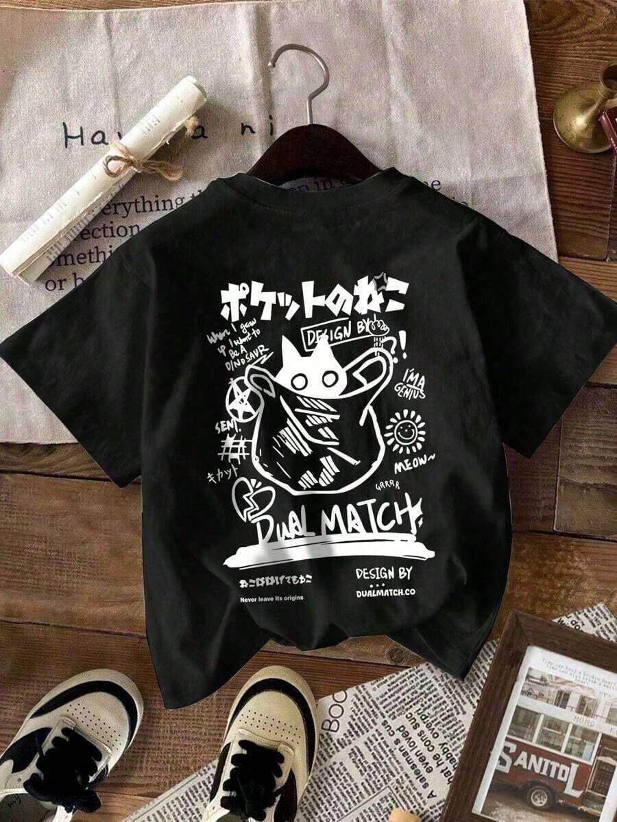 Camiseta de manga corta y cuello redondo con estampado de letras minimalista y casual para hombre NEON DUSK - Negro - Ver 1