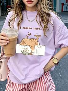 1 pieza Camiseta de mujer de manga corta y cuello redondo para verano, con estampado de letras en inglés "Cat Napping", adecuada para verano, playa, calle, diario, trabajo, fiesta de oficina, salida, carnaval, festival de música, San Valentín, fiesta.Hermosa blusa de estilo Y2K para mujer, atuendo de vacaciones para mujer.Ropa de oficina elegante, blusa linda, atuendo de vacaciones para mujer, vestido para cita nocturna, blusa elegante para mujer, ropa casual de verano, atuendo de vacaciones para mujer. - Morado - Ver 2
