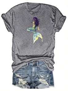 Women's Casual Short Sleeve Sports T-Shirt - Sparkling Mermaid Print, Elastic Crew Neck Design, Machine Washable For All Seasons Comfort, Medium Fit, Fun And Fashionable. - Hitam - View 7