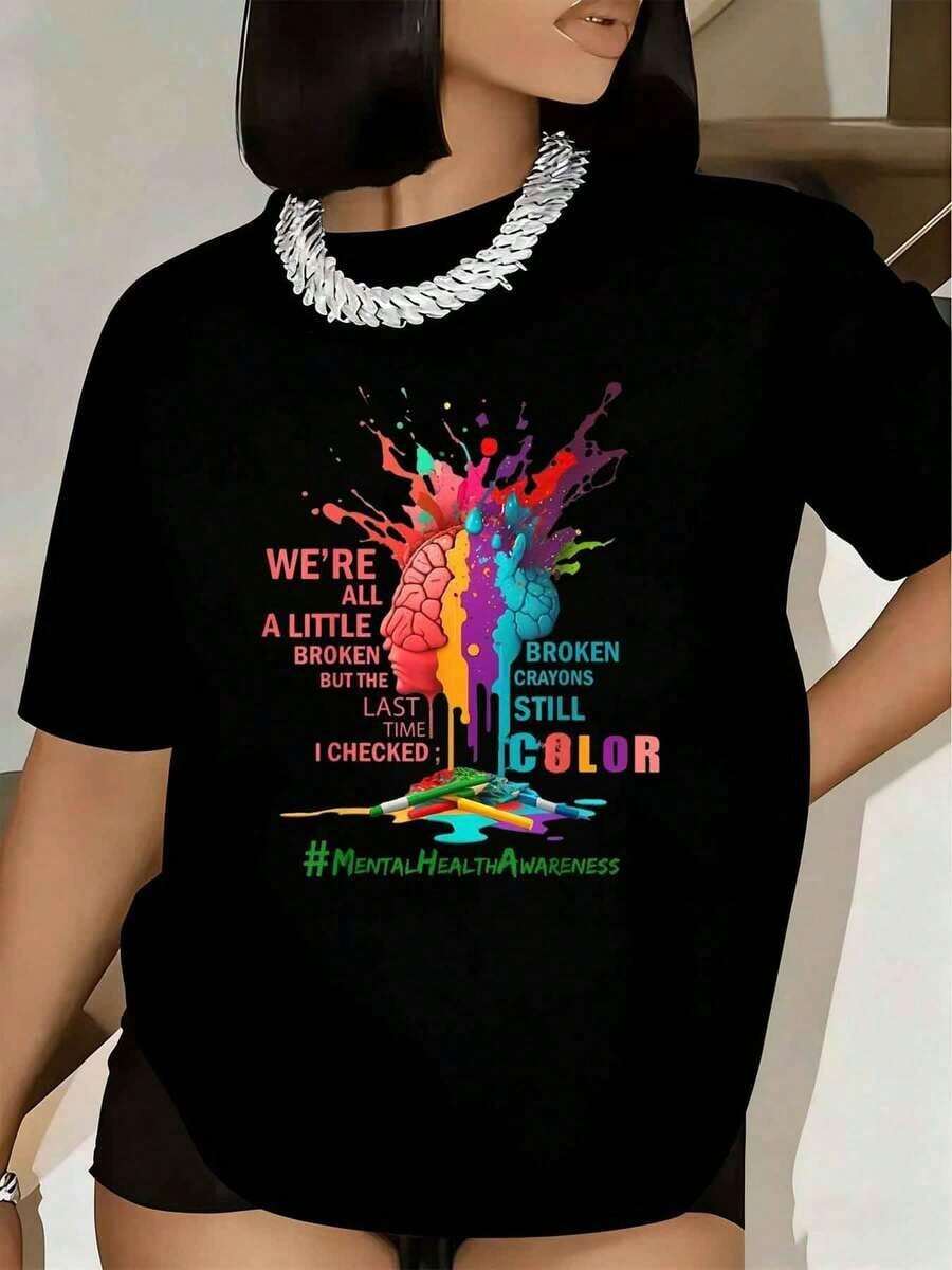 Women's T-Shirt With Brain And Colored Pencil Print To Raise Mental Health Awareness, Short Sleeve, Round Neck, For Everyday Casual Wear, 220g - 黑色 - 查看 1