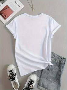 Women's Soft T-Shirt With Physical Education Teacher Print - 100% Cotton, Loose And Casual Short Sleeve T-Shirt, Round Neck With Geometric Print, Spring/Summer Clothing, Teacher Style, Fun Design, Comfortable Fabric, Loose Fit 180g - 100% Cotton T-Shirt, Breathable For Casual Everyday Wear - 白色 - 查看 3