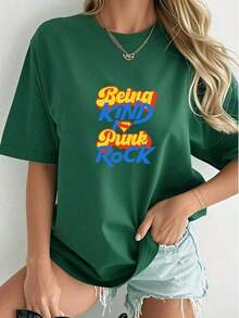 Graphic2026 New Arrival, Women's Premium Cotton T-Shirt 'Being Kind Is Punk Rock', High Quality Summer Clothes, Casual Elegance With Vibrant Graphic Print, Perfect For Beach Days And Daily Style, Short Sleeve T-Shirt, Boho Chic Style, Party Outfit, Women's Casual T-Shirt. - 綠色 - 查看 6