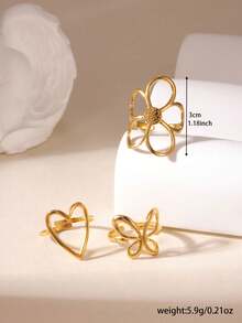 GEREIT Bộ 3 chiếc nhẫn bằng thép không gỉ mạ vàng 18K, kiểu dáng thời trang mùa xuân/hè dễ thương, họa tiết trái tim rỗng và hoa, phù hợp cho nữ giới đeo hàng ngày. - Nhiều màu - Xem 4